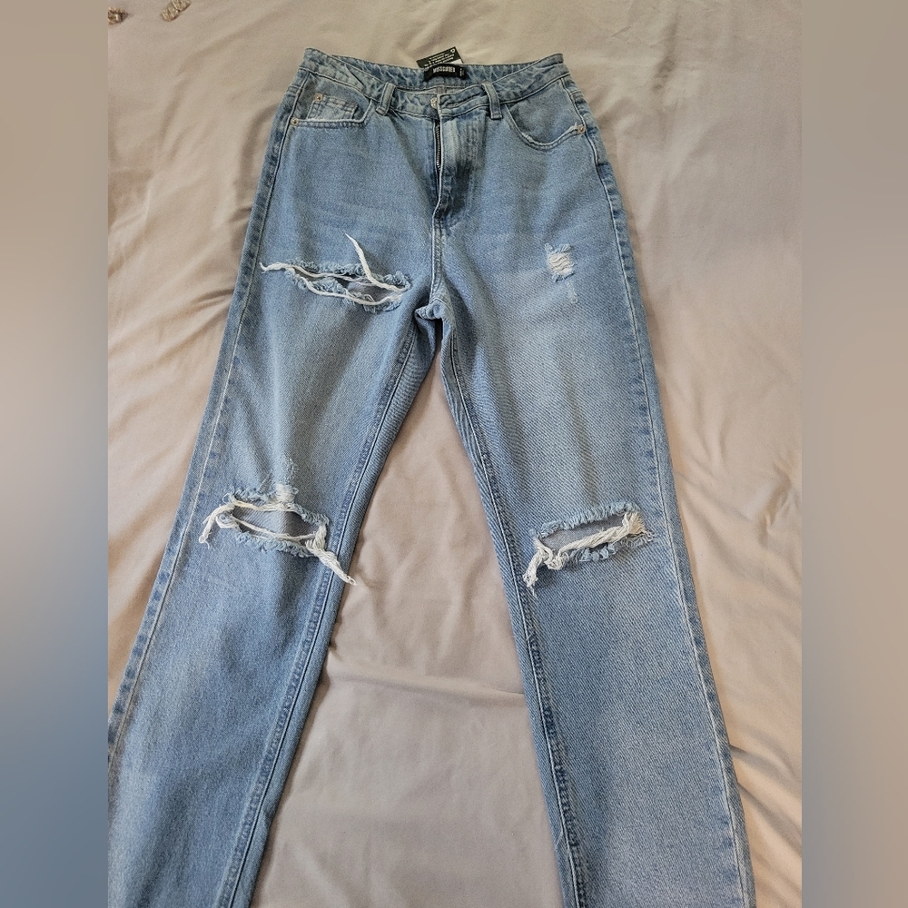 Missguided Light Blue Distressed Straight Leg Jeans